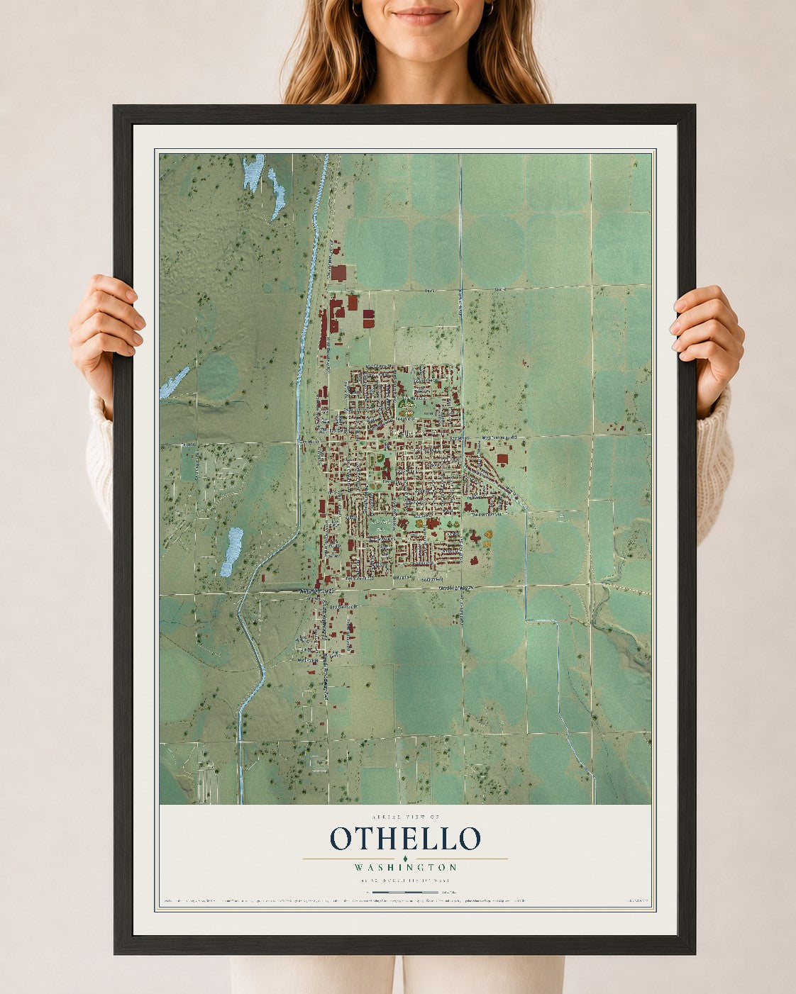 Map of Othello, Washington, 24 x 36 inch print in a black wood frame