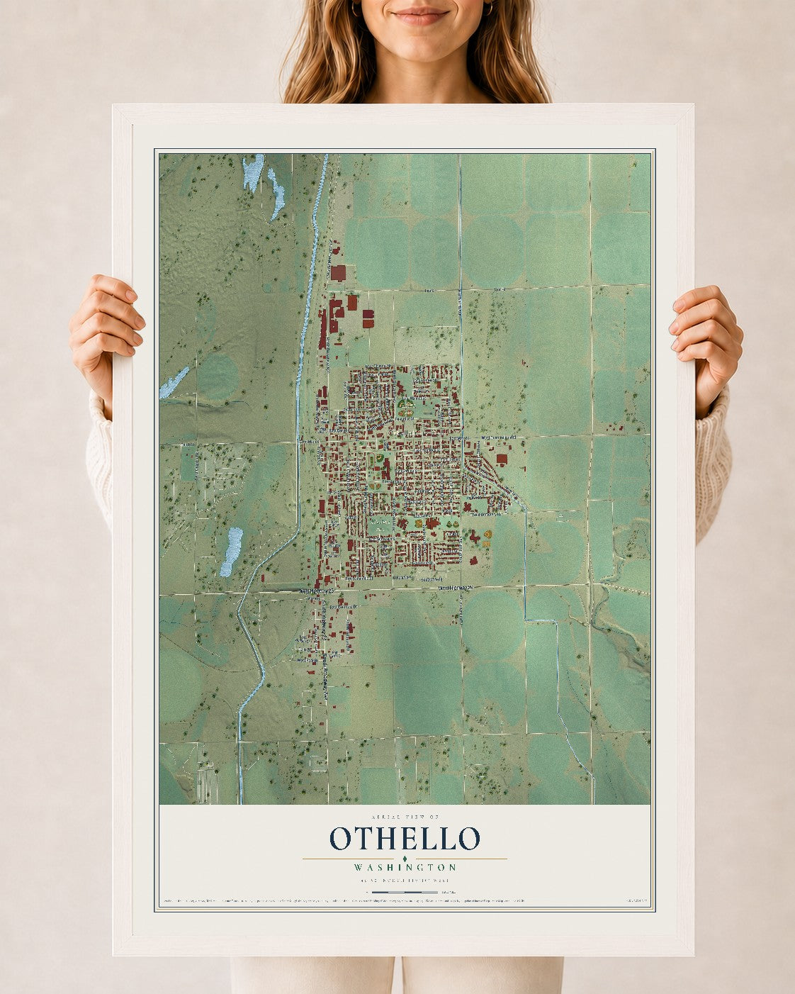Map of Othello, Washington, 24 x 36 inch print in a white wood frame