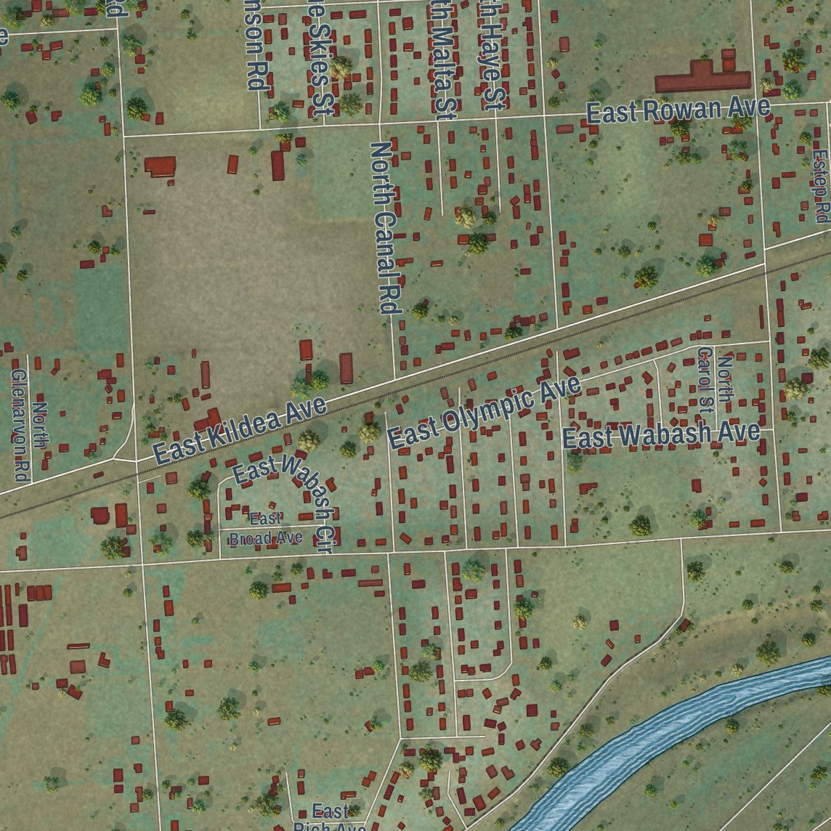 Close-up of the map of Otis Orchards-East Farms, Washington print showing street and building detail