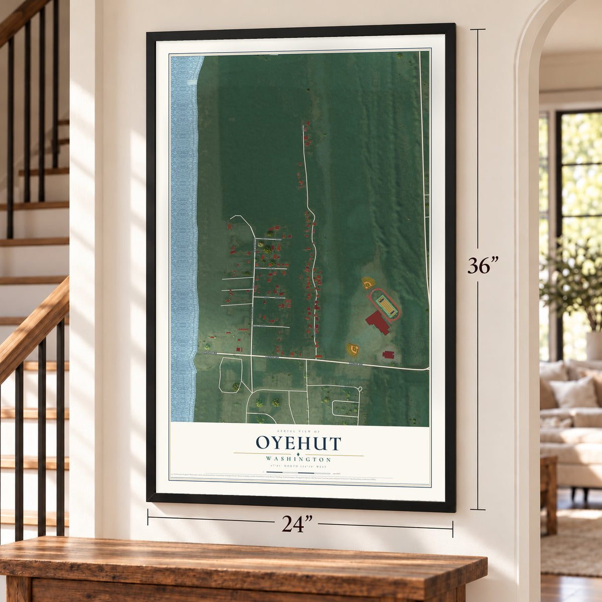 Oyehut, Washington map, 24 x 36 inch print in a black frame by a staircase