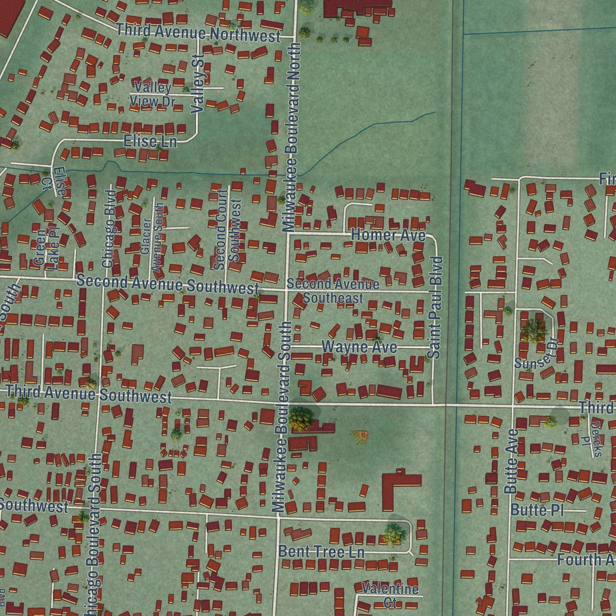Close-up of the map of Pacific, Washington print showing street and building detail