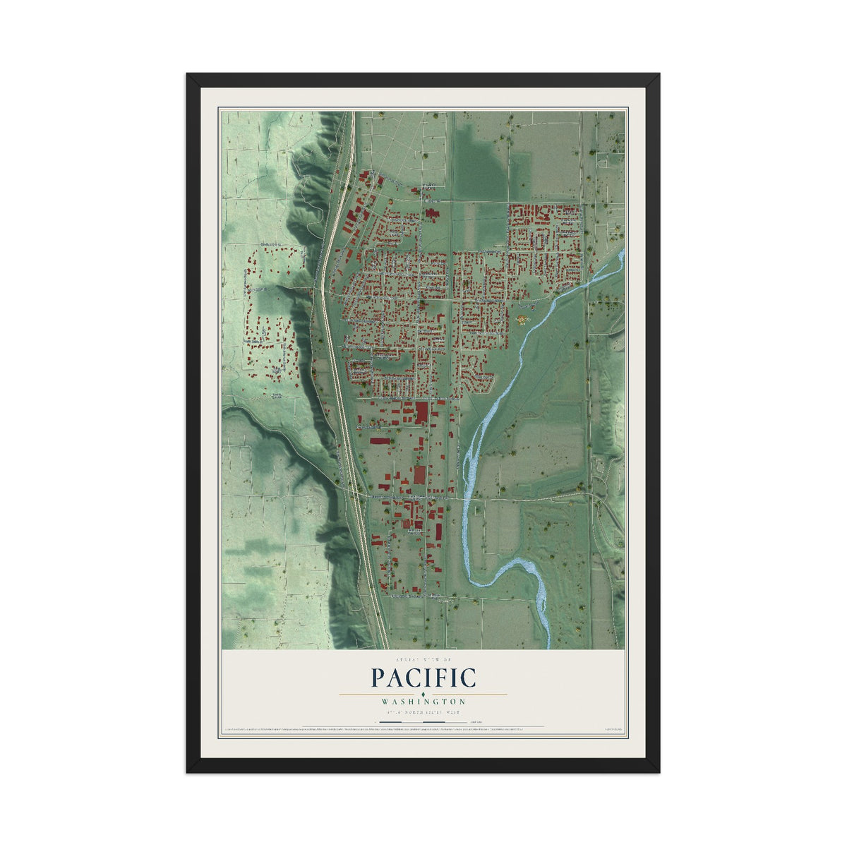 Map of Pacific, Washington, 12 x 18 inch print in a black wood frame