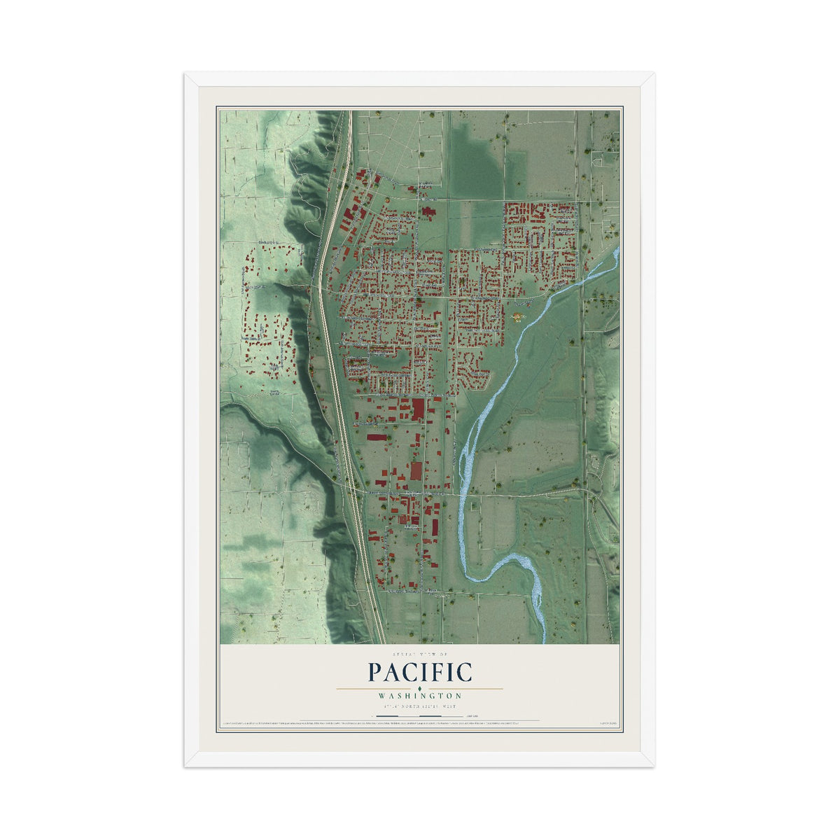 Map of Pacific, Washington, 12 x 18 inch print in a white wood frame