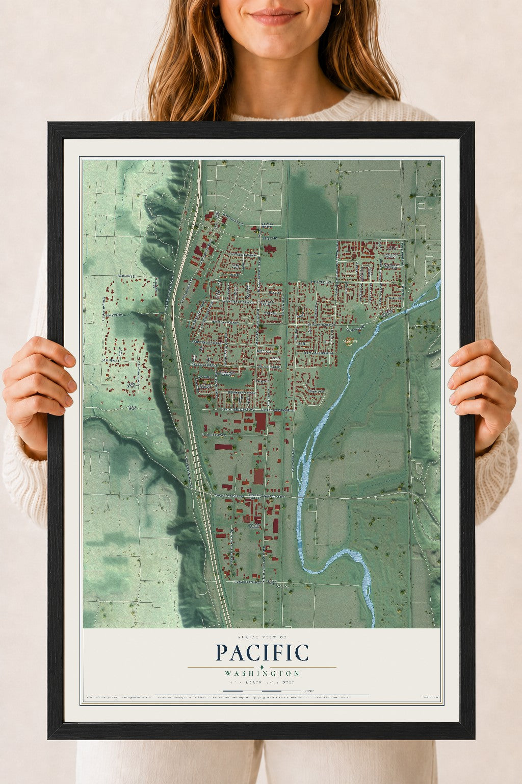 Map of Pacific, Washington, 18 x 24 inch print in a black wood frame