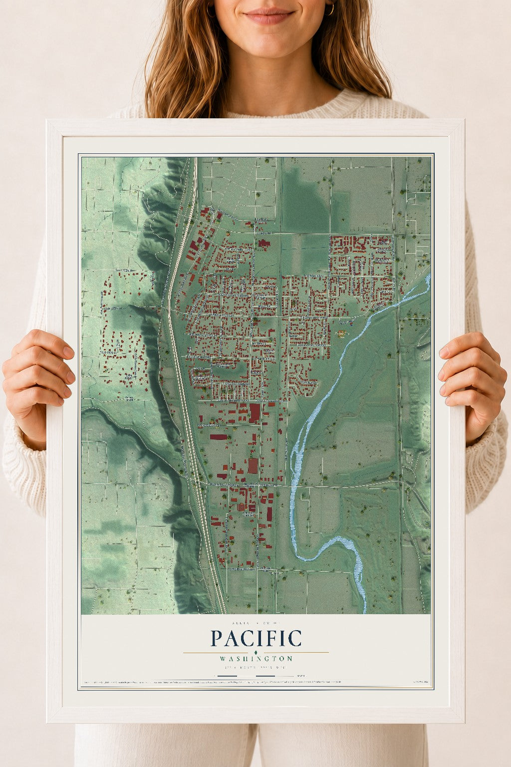 Map of Pacific, Washington, 18 x 24 inch print in a white wood frame
