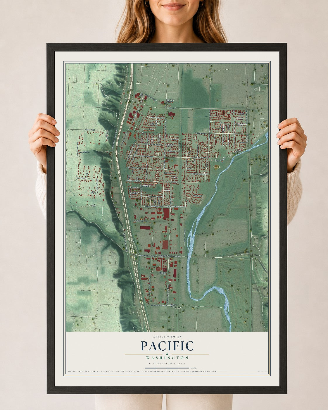 Map of Pacific, Washington, 24 x 36 inch print in a black wood frame