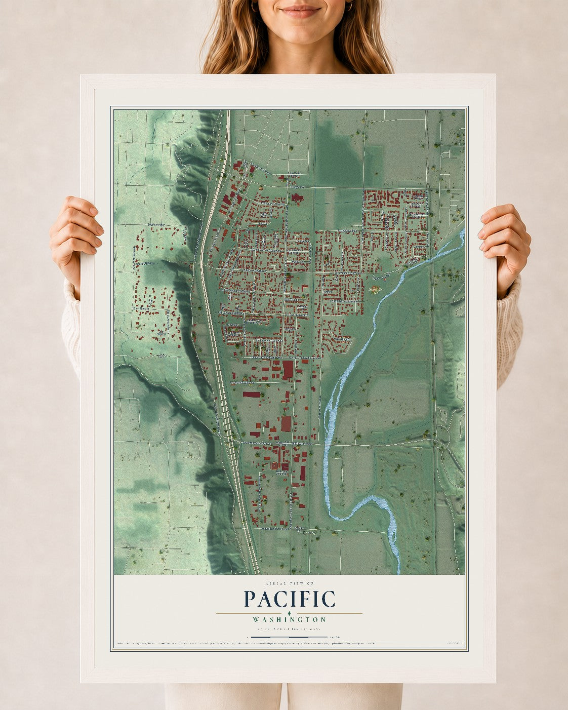 Map of Pacific, Washington, 24 x 36 inch print in a white wood frame