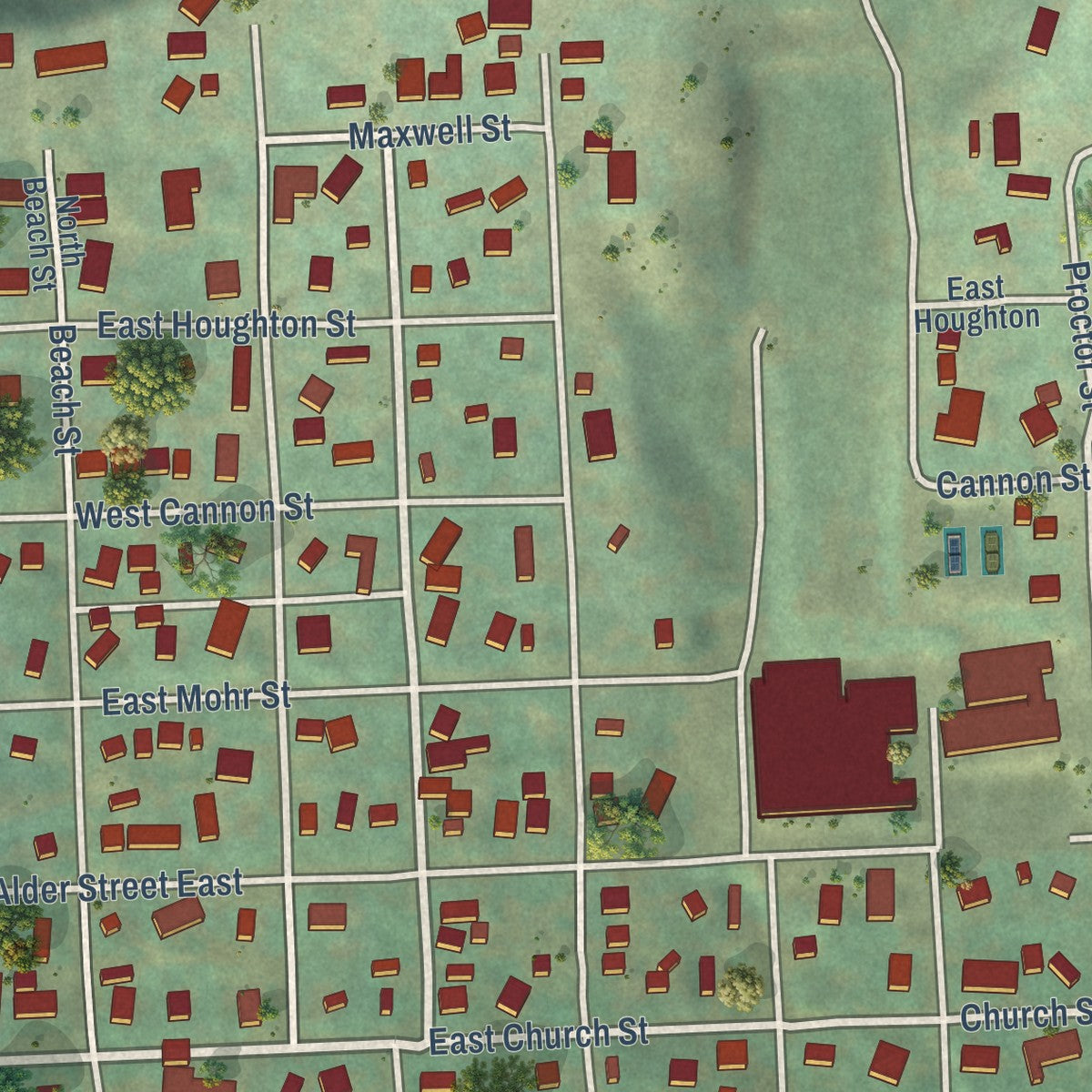 Close-up of the map of Palouse, Washington print showing street and building detail
