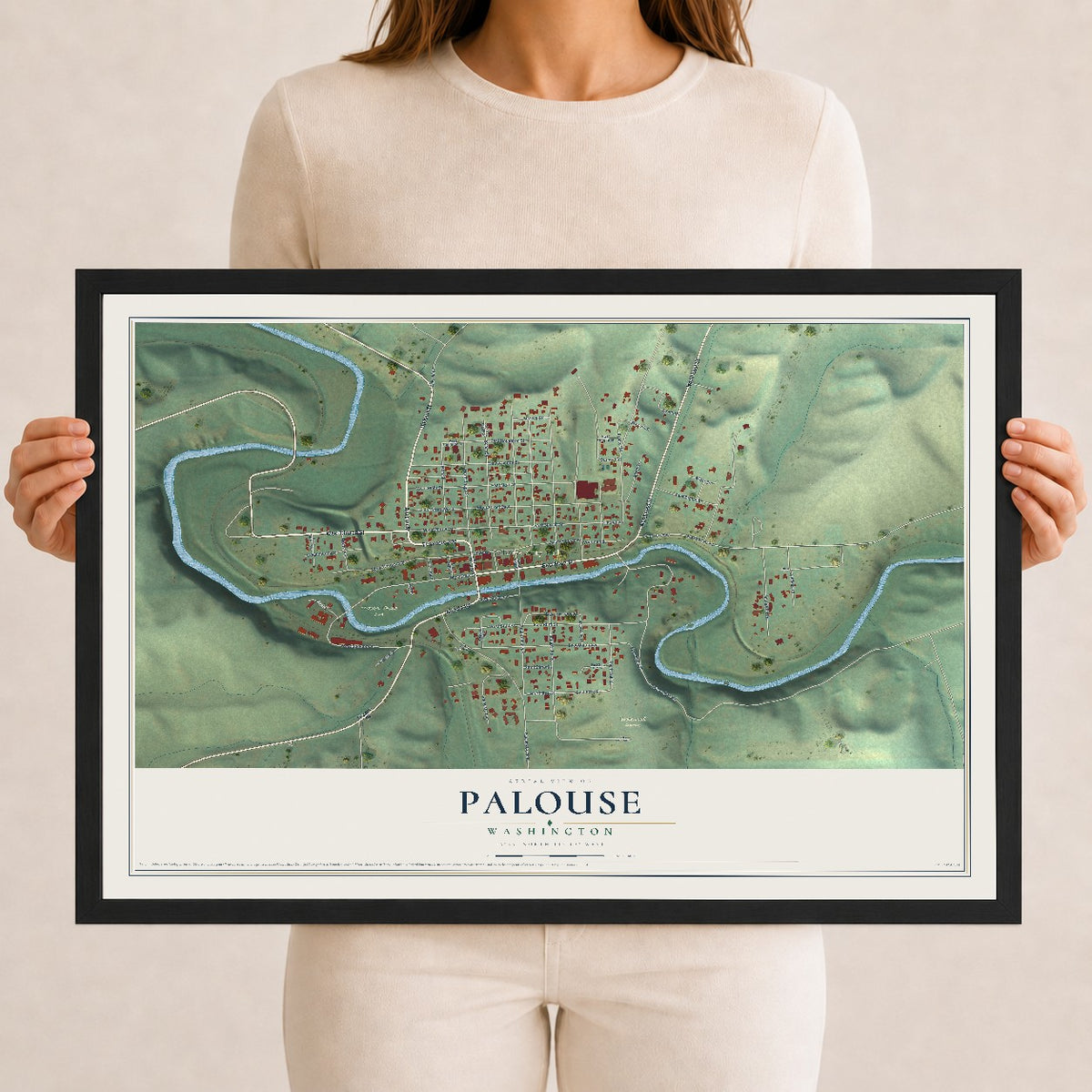 Map of Palouse, Washington, 12 x 18 inch print in a black wood frame