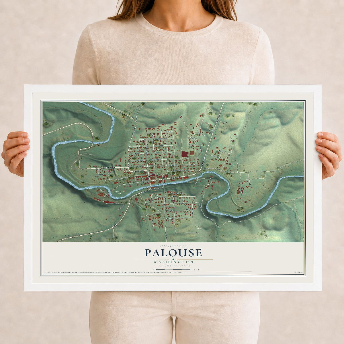 Map of Palouse, Washington, 12 x 18 inch print in a white wood frame