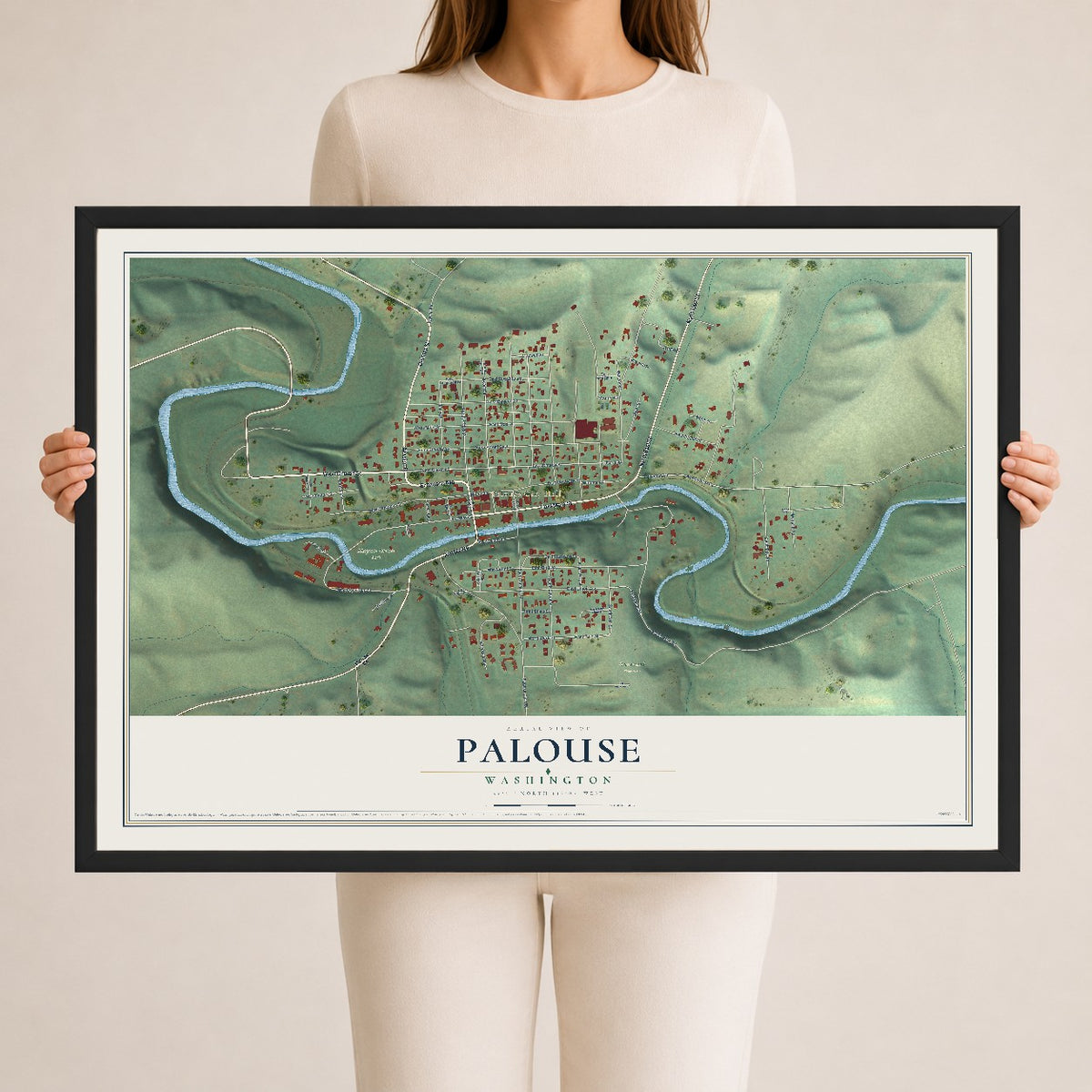 Map of Palouse, Washington, 24 x 36 inch print in a black wood frame
