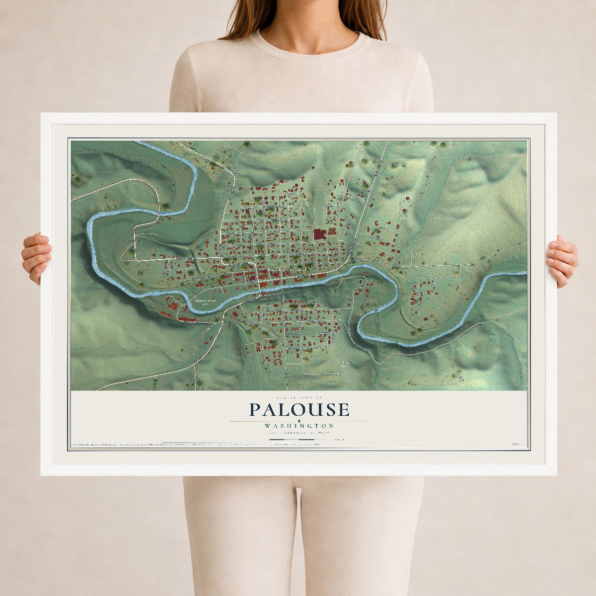 Map of Palouse, Washington, 24 x 36 inch print in a white wood frame