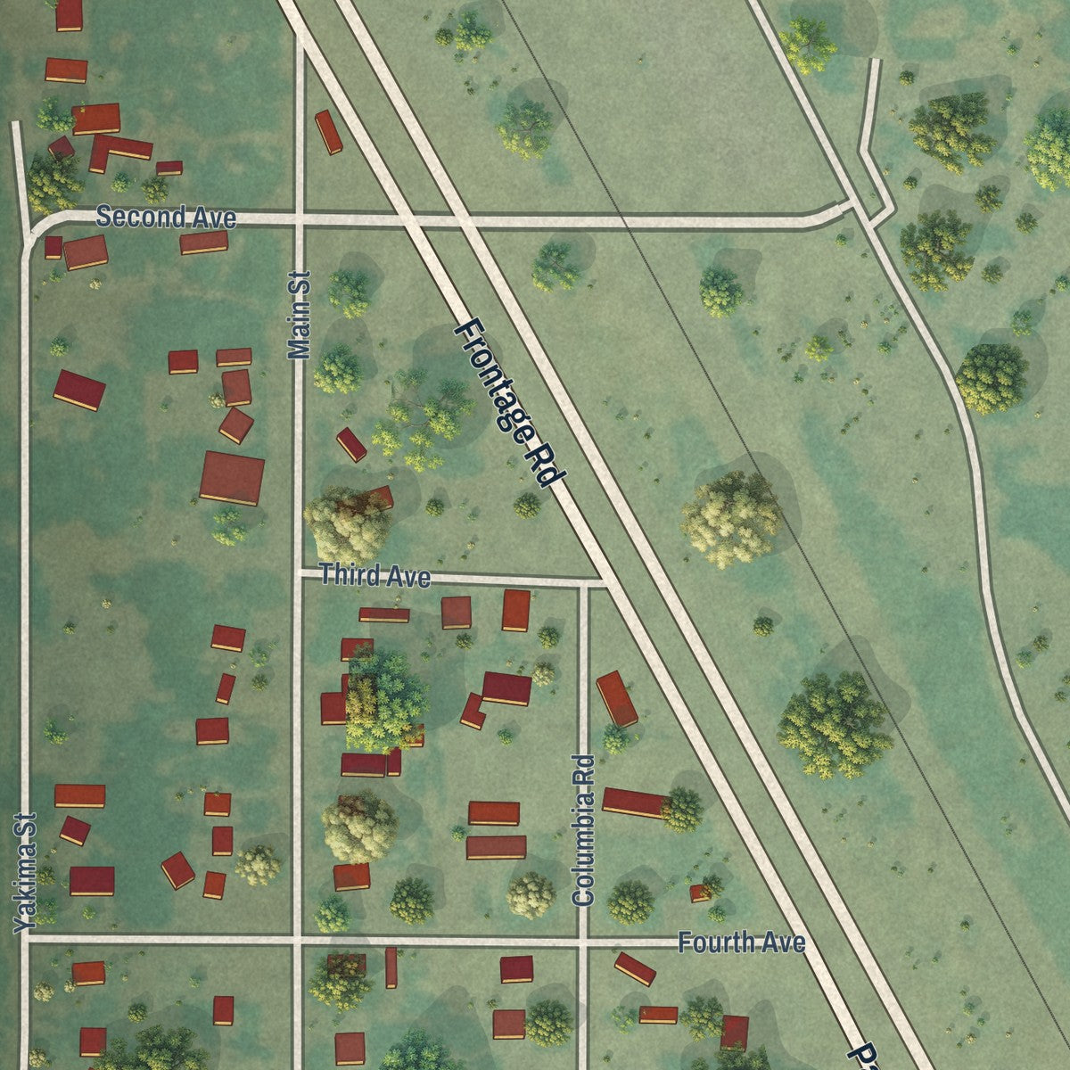 Close-up of the map of Parker, Washington print showing street and building detail