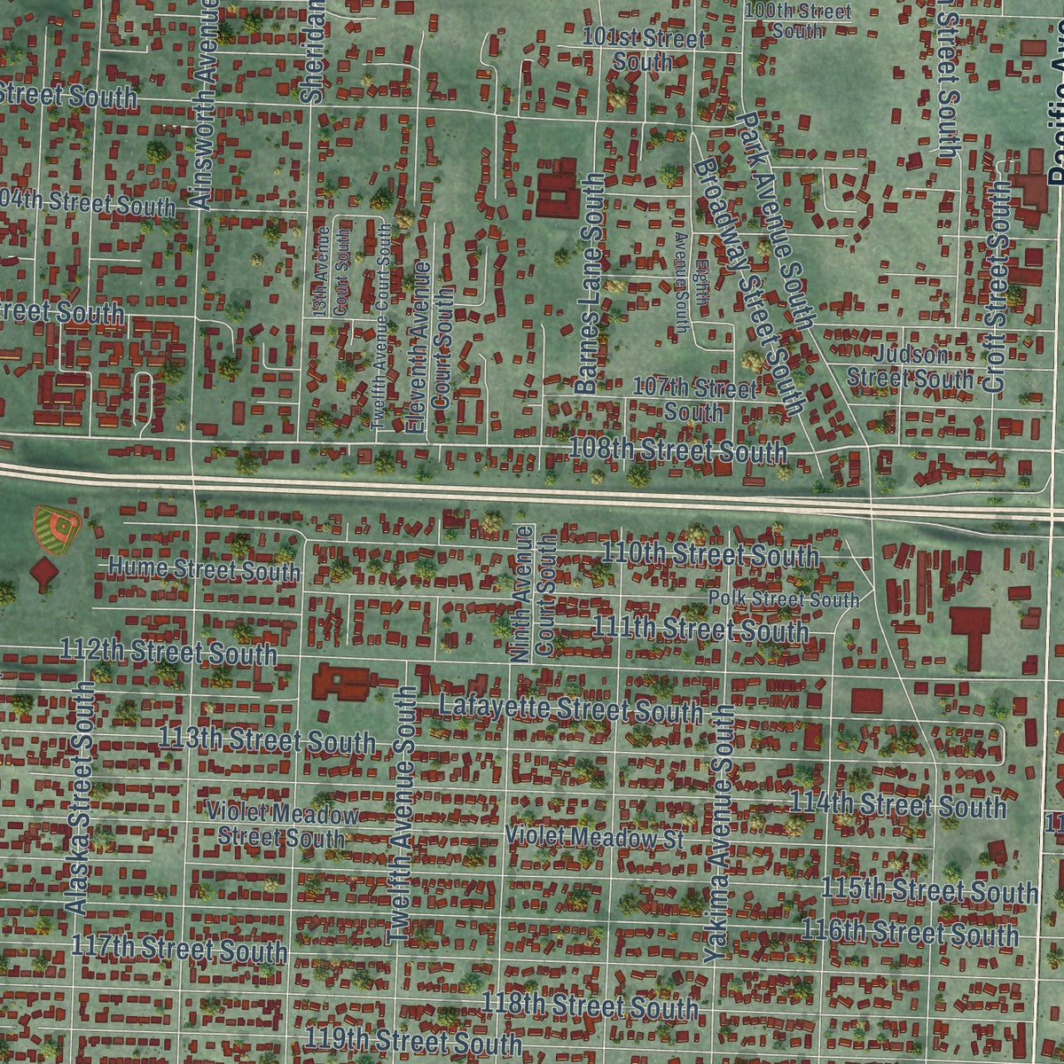 Close-up of the map of Parkland, Washington print showing street and building detail