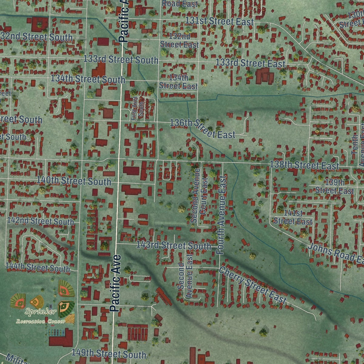 Second close-up of the map of Parkland, Washington print showing more streets and buildings