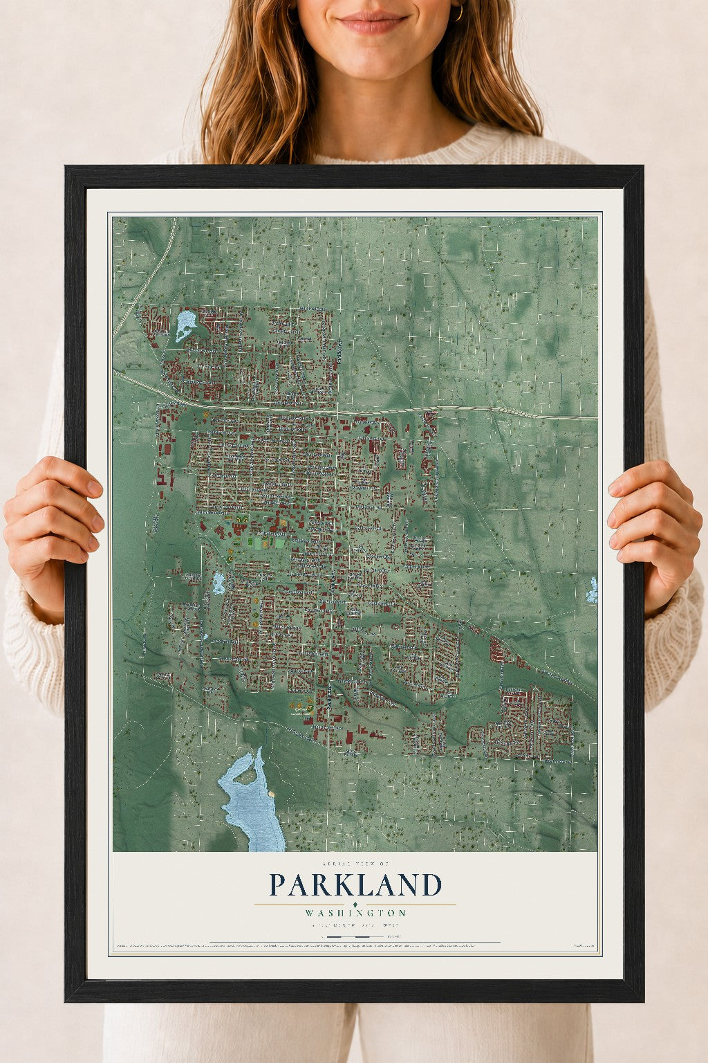 Map of Parkland, Washington, 18 x 24 inch print in a black wood frame