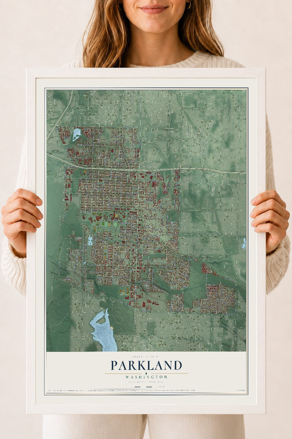 Map of Parkland, Washington, 18 x 24 inch print in a white wood frame