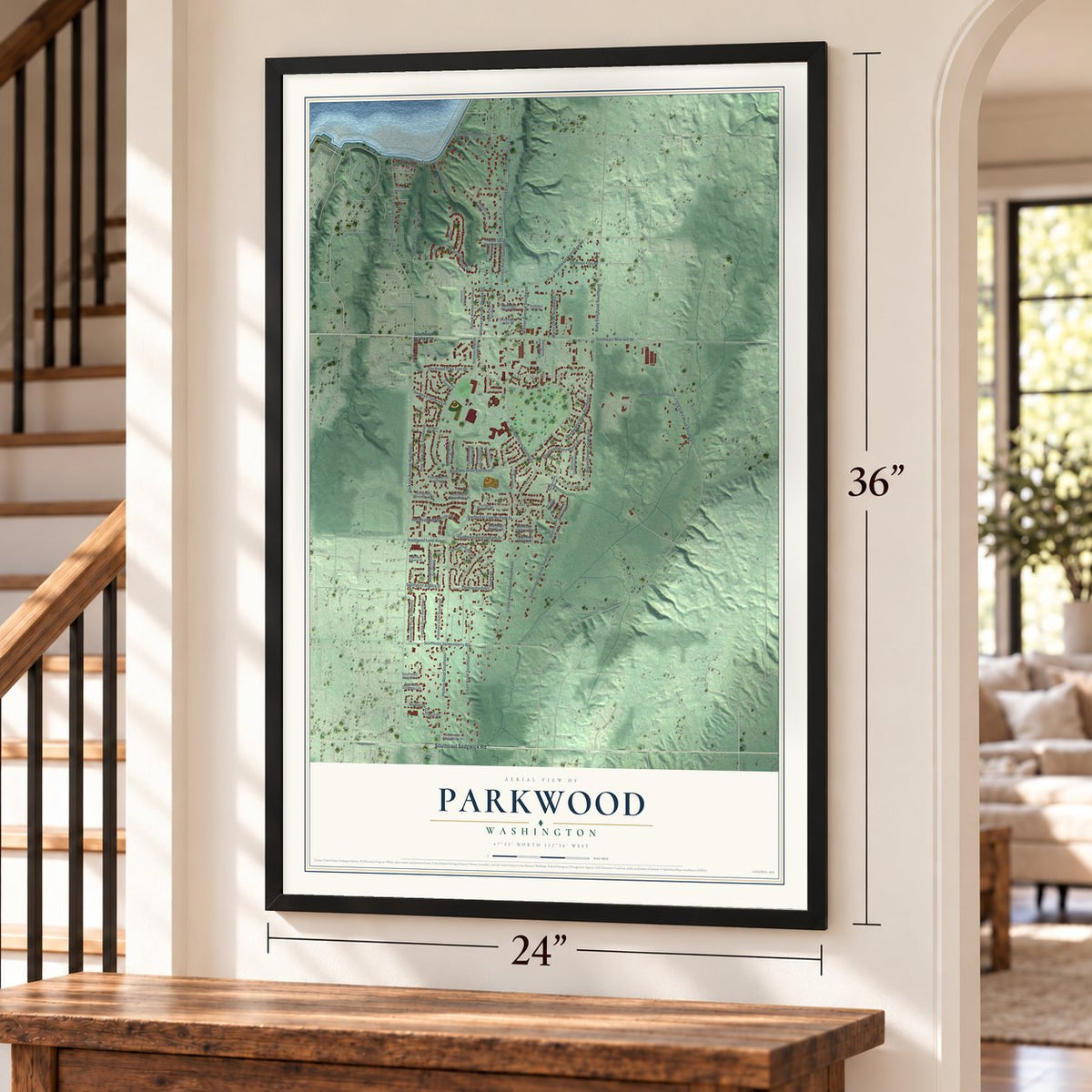 Parkwood, Washington map, 24 x 36 inch print in a black frame by a staircase