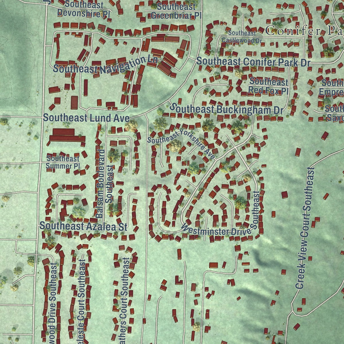 Close-up of the map of Parkwood, Washington print showing street and building detail