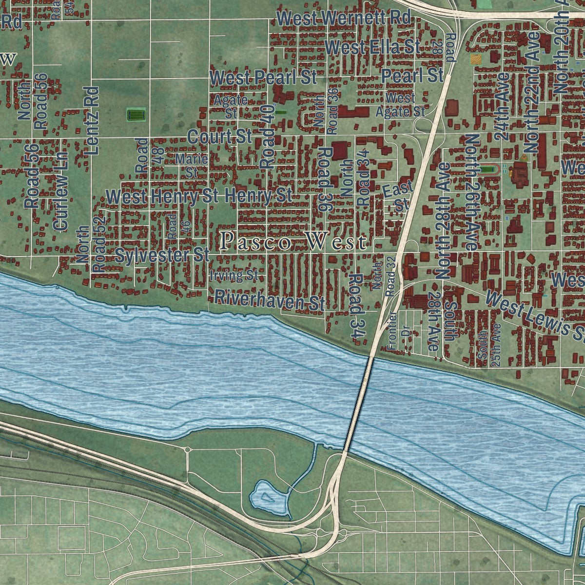 Close-up of the map of Pasco, Washington print showing street and building detail