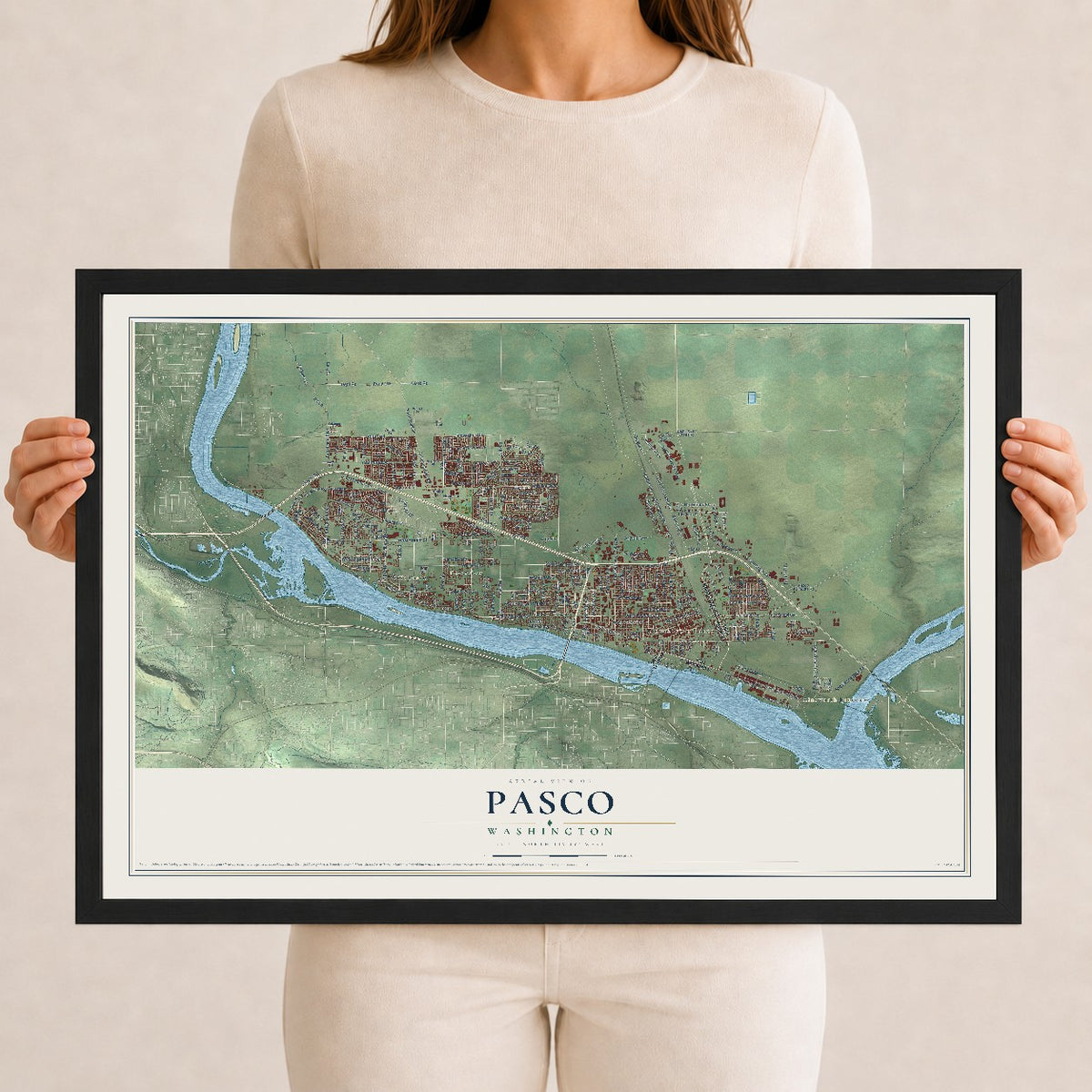 Map of Pasco, Washington, 12 x 18 inch print in a black wood frame