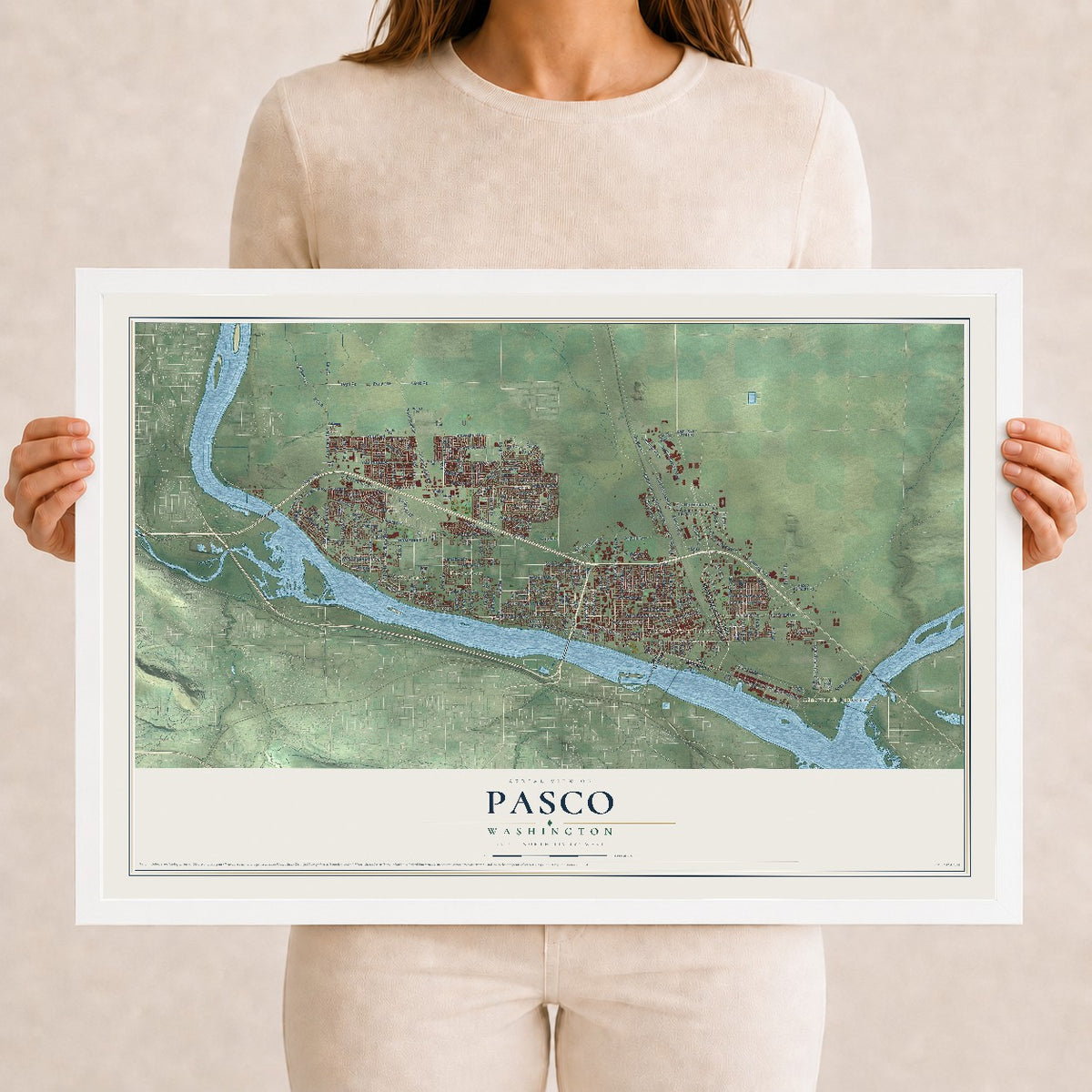 Map of Pasco, Washington, 12 x 18 inch print in a white wood frame