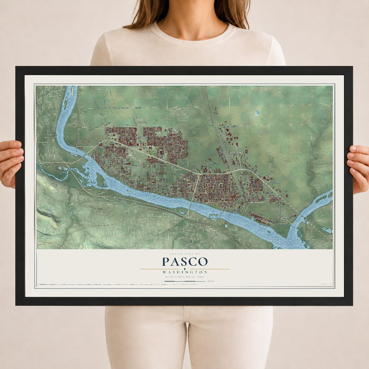 Map of Pasco, Washington, 18 x 24 inch print in a black wood frame