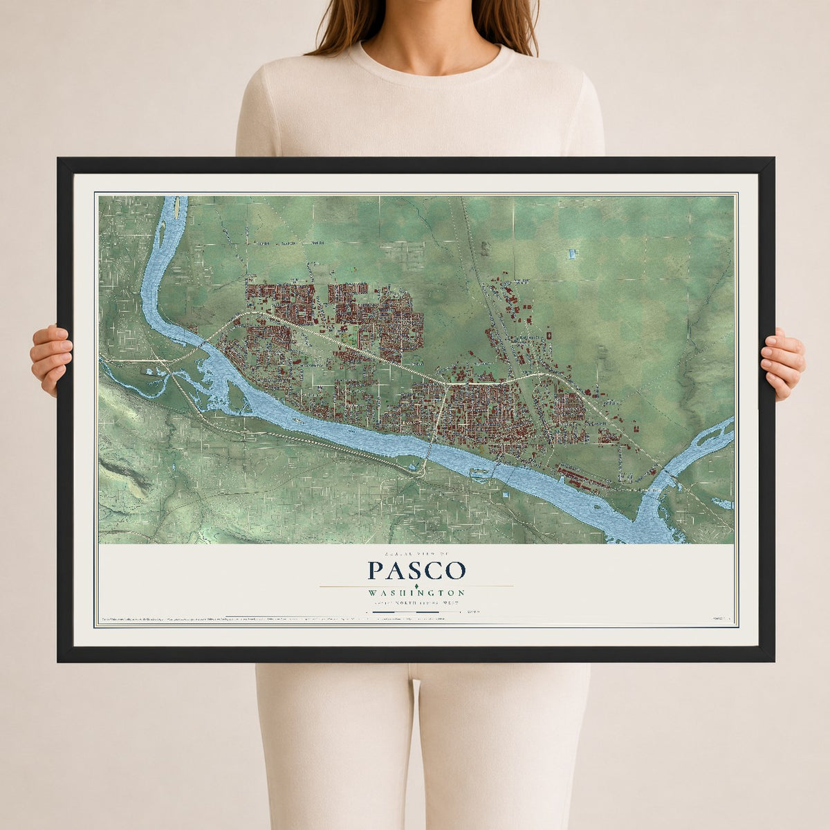 Map of Pasco, Washington, 24 x 36 inch print in a black wood frame
