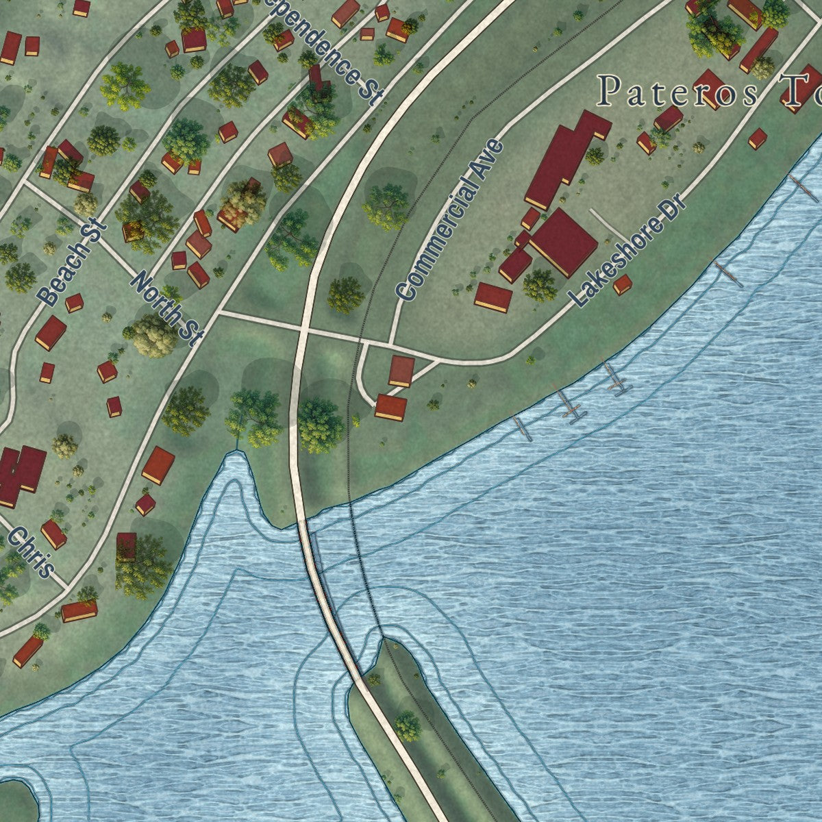 Close-up of the map of Pateros, Washington print showing street and building detail
