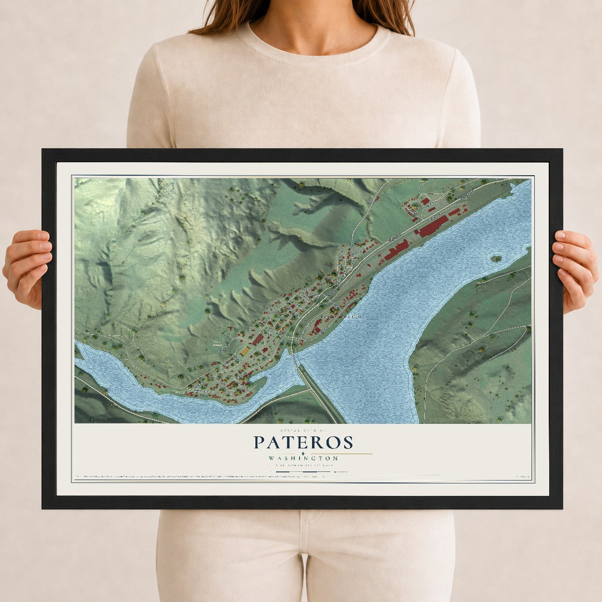 Map of Pateros, Washington, 12 x 18 inch print in a black wood frame