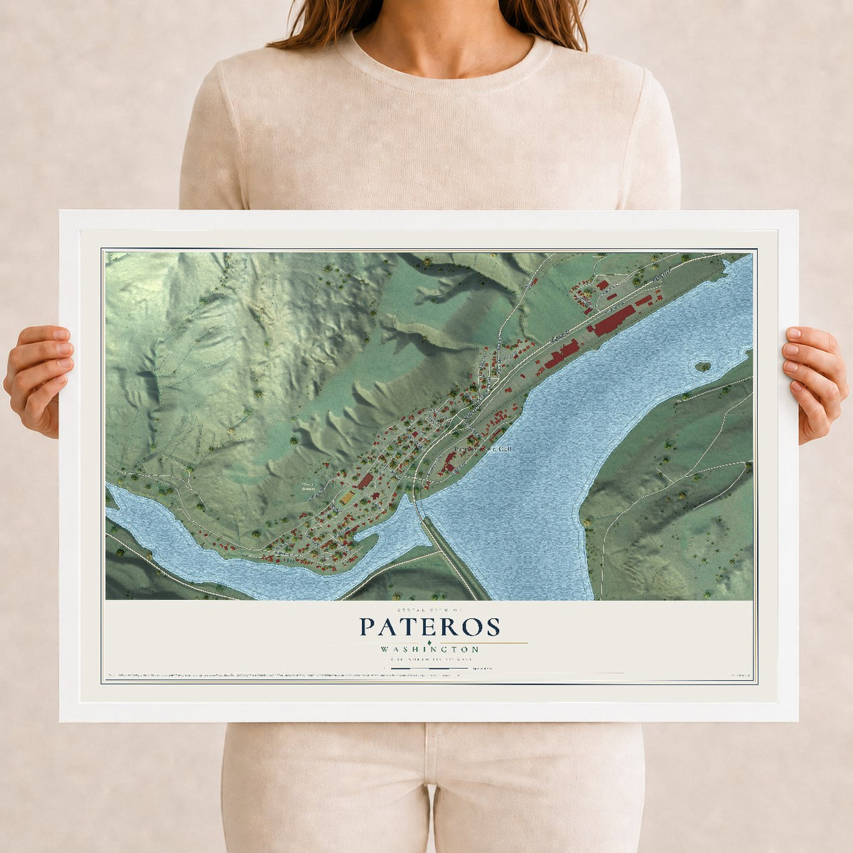 Map of Pateros, Washington, 12 x 18 inch print in a white wood frame