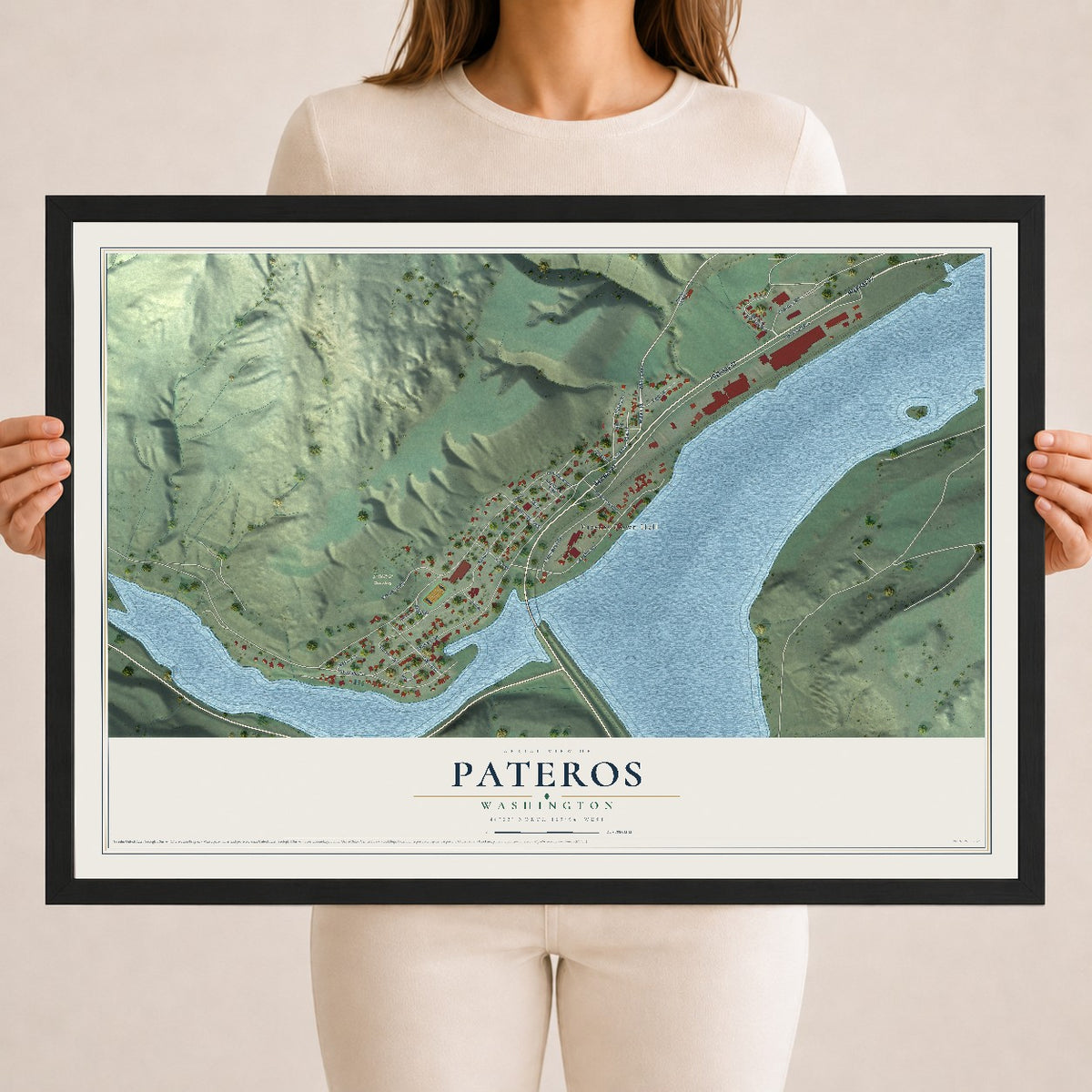 Map of Pateros, Washington, 18 x 24 inch print in a black wood frame
