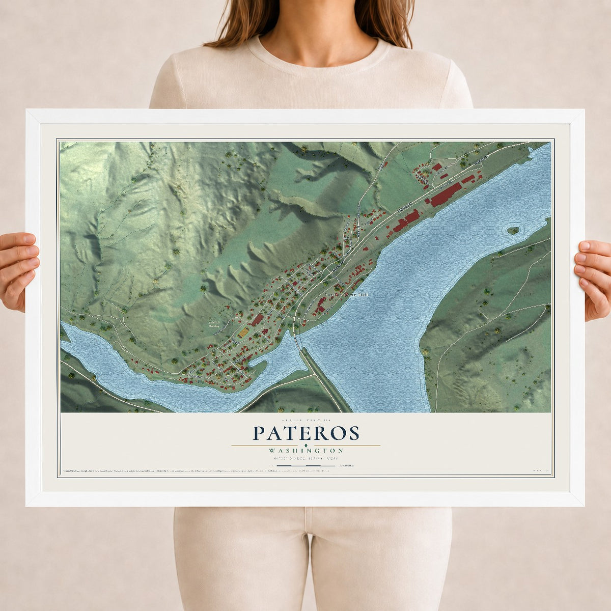 Map of Pateros, Washington, 18 x 24 inch print in a white wood frame