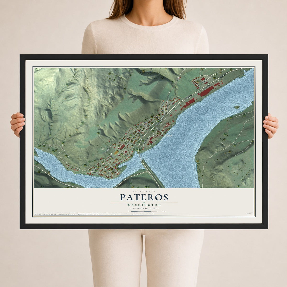 Map of Pateros, Washington, 24 x 36 inch print in a black wood frame
