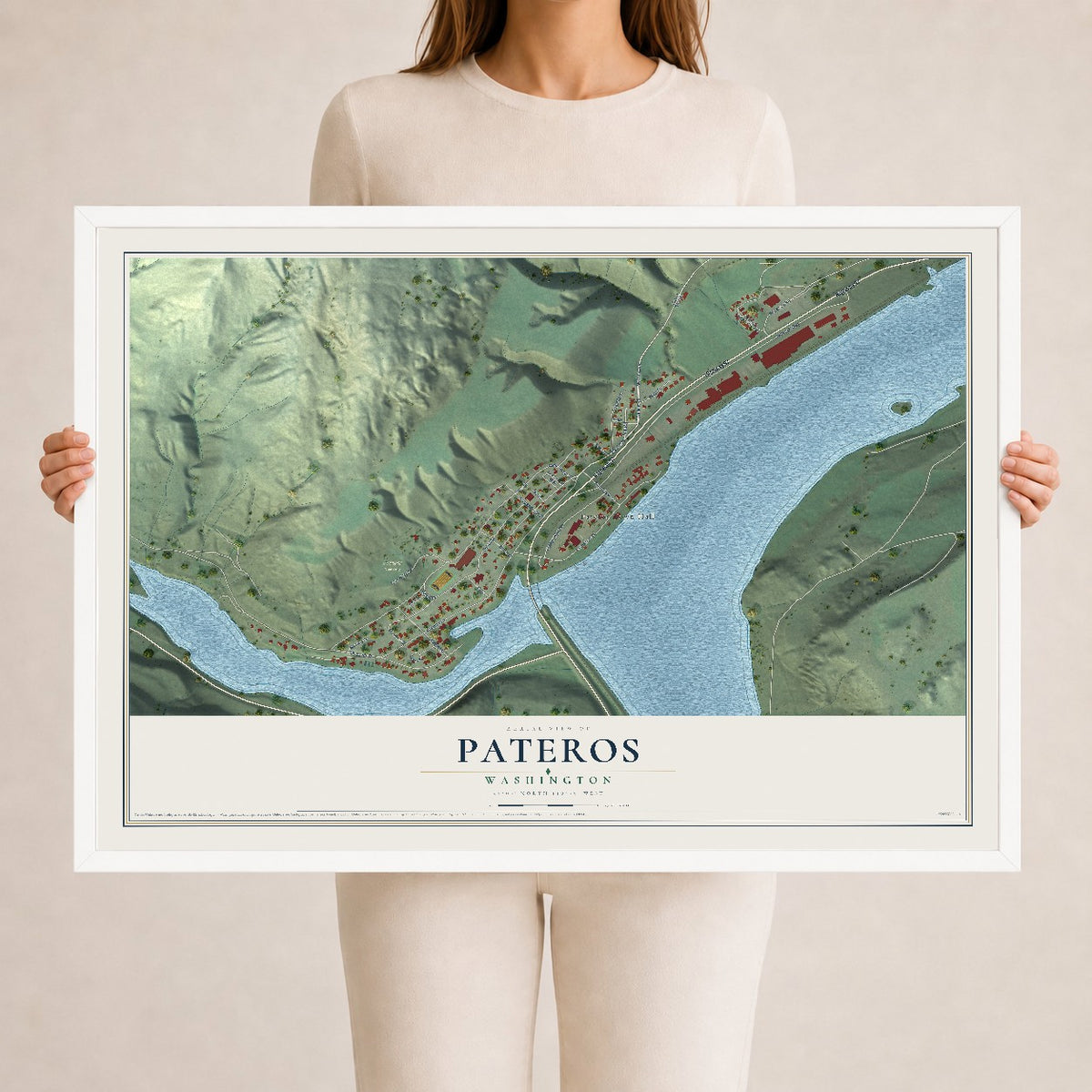 Map of Pateros, Washington, 24 x 36 inch print in a white wood frame