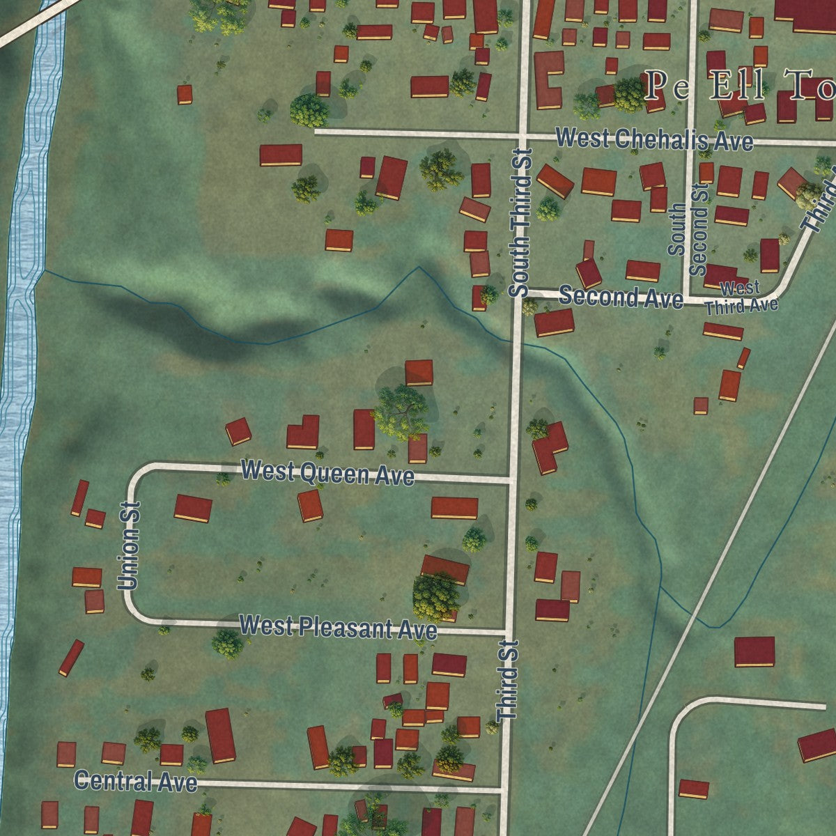Second close-up of the map of Pe Ell, Washington print showing more streets and buildings