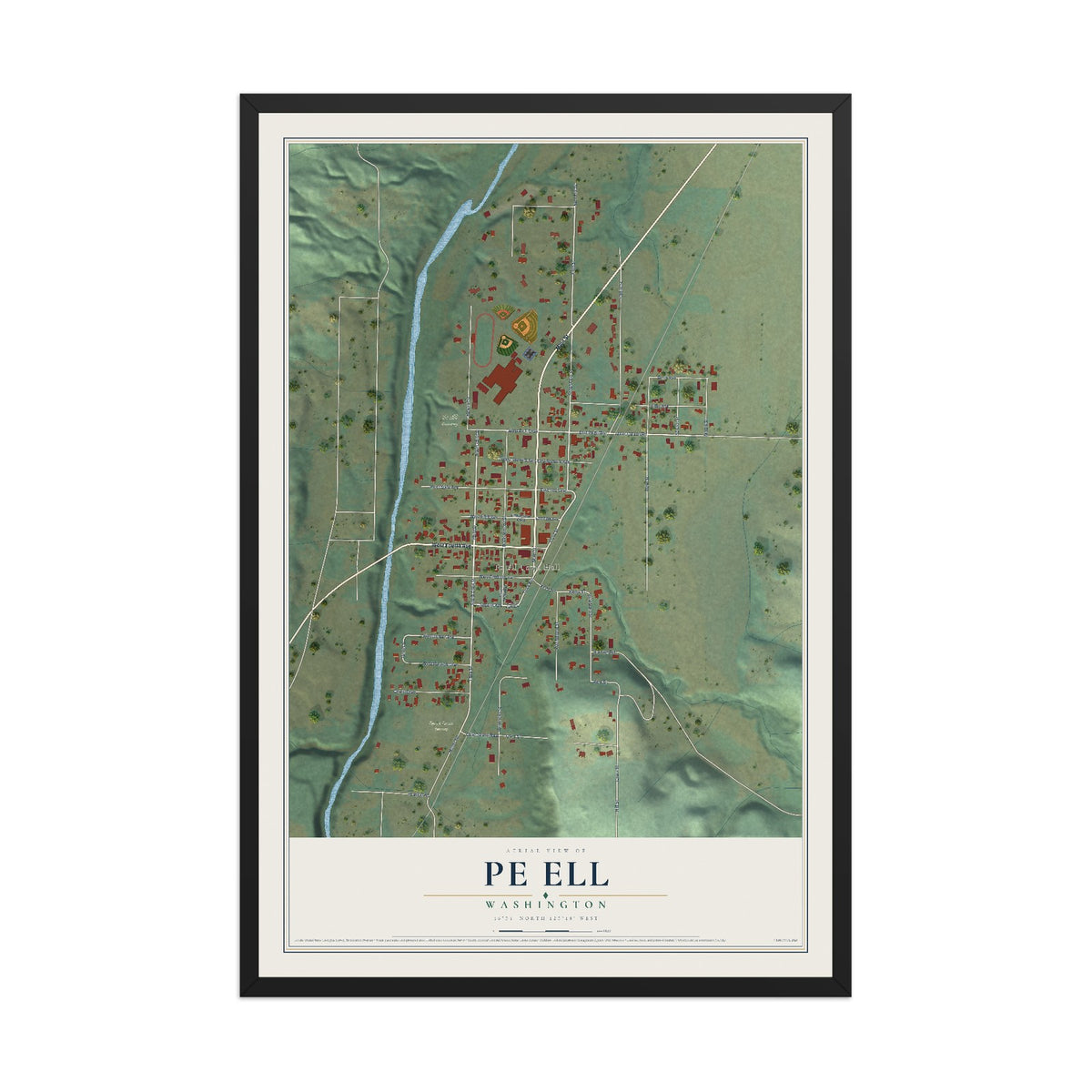 Map of Pe Ell, Washington, 12 x 18 inch print in a black wood frame