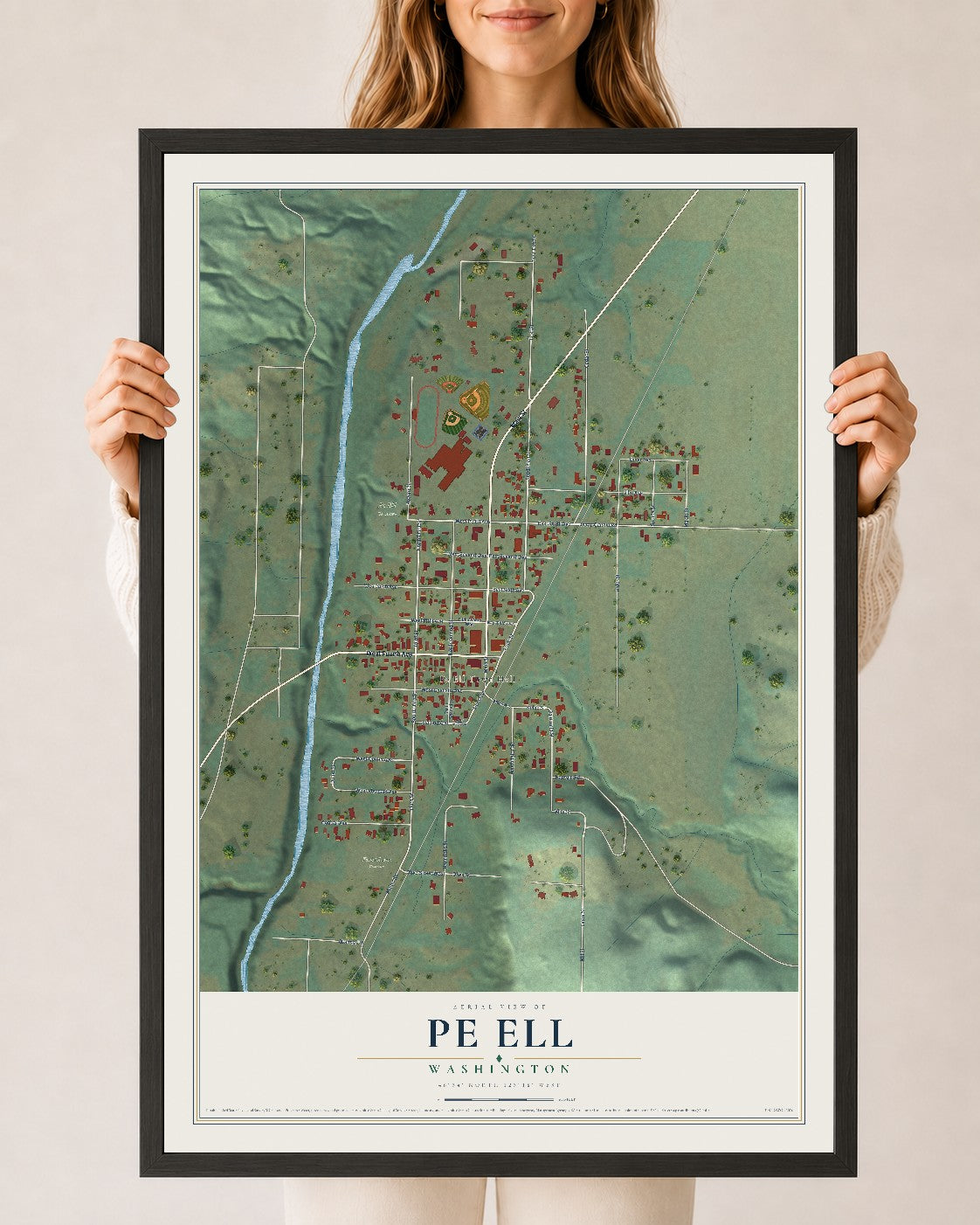 Map of Pe Ell, Washington, 24 x 36 inch print in a black wood frame