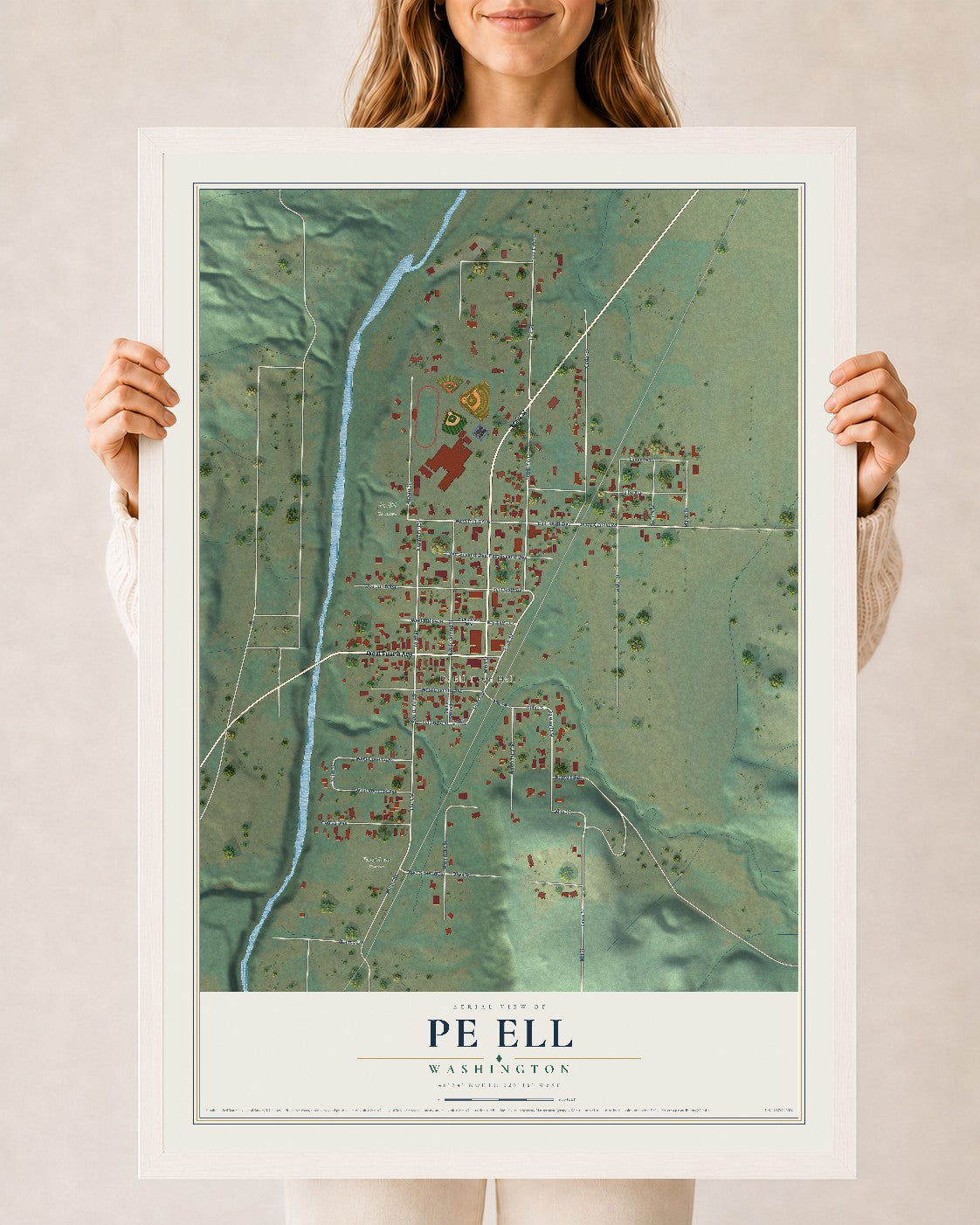 Map of Pe Ell, Washington, 24 x 36 inch print in a white wood frame