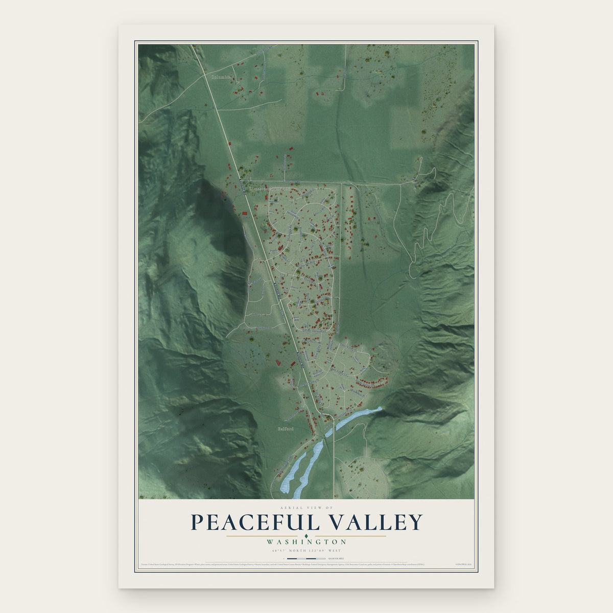 Peaceful Valley, Washington map print, the full design