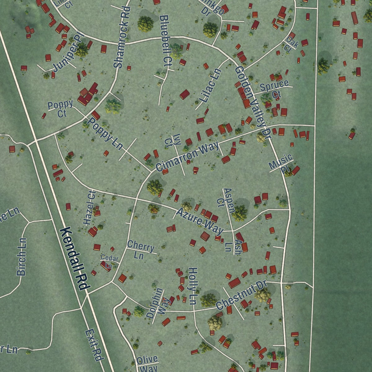 Close-up of the map of Peaceful Valley, Washington print showing street and building detail