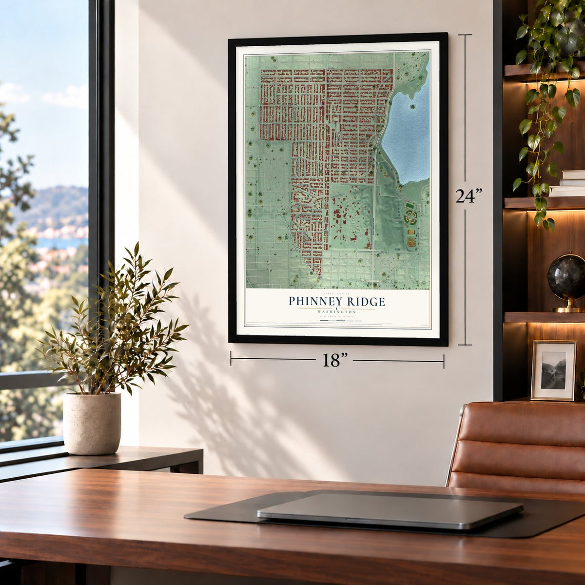 Phinney Ridge, Washington map, 18 x 24 inch print in a black frame in a home office