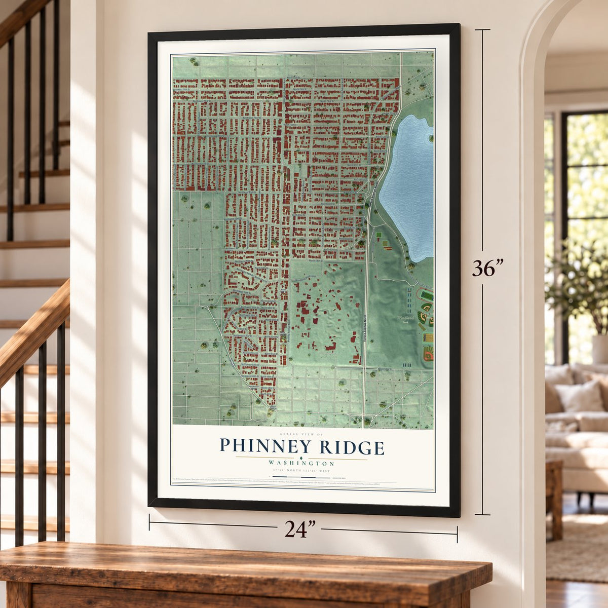 Phinney Ridge, Washington map, 24 x 36 inch print in a black frame by a staircase