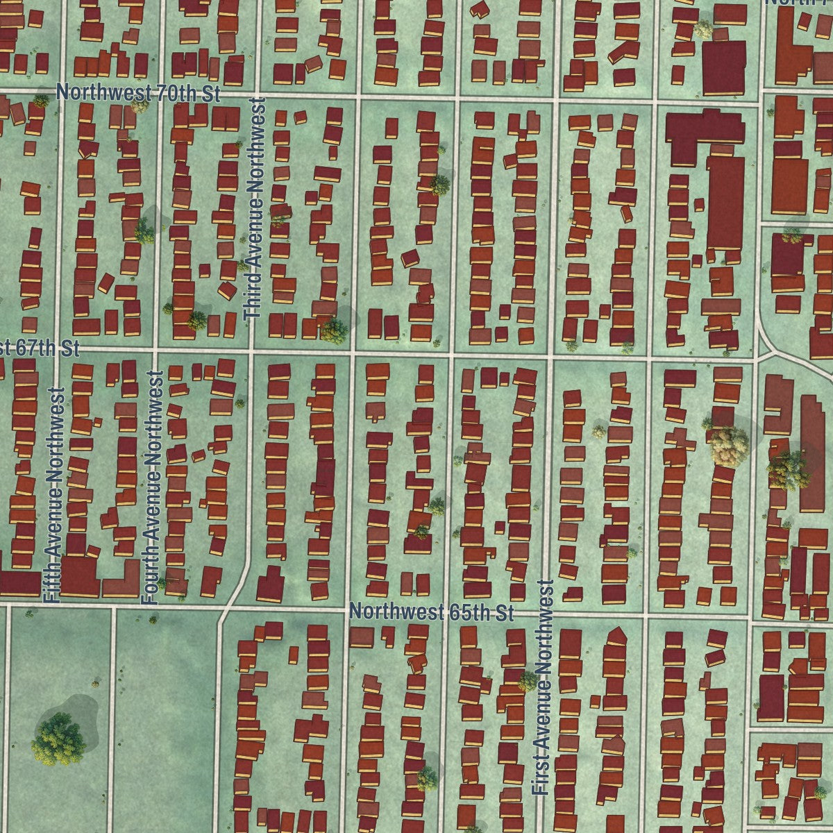 Close-up of the map of Phinney Ridge, Washington print showing street and building detail