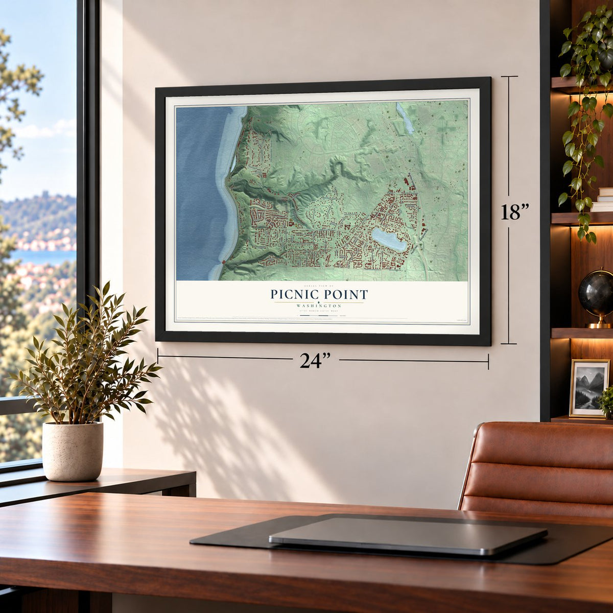 Picnic Point, Washington map, 18 x 24 inch print in a black frame in a home office