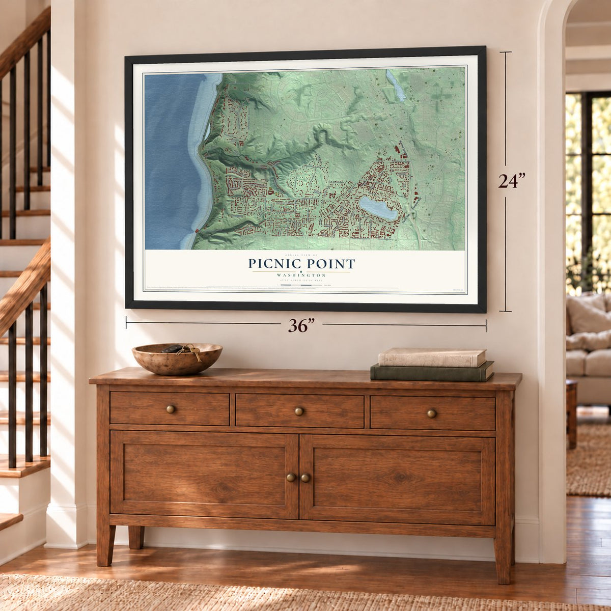 Picnic Point, Washington map, 24 x 36 inch print in a black frame above a dresser by a staircase