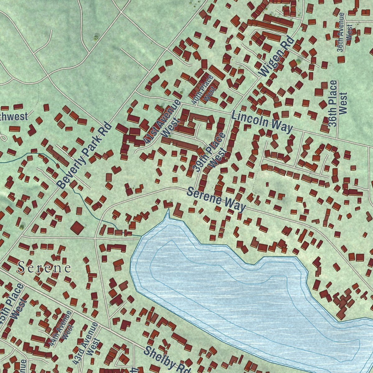 Close-up of the map of Picnic Point, Washington print showing street and building detail