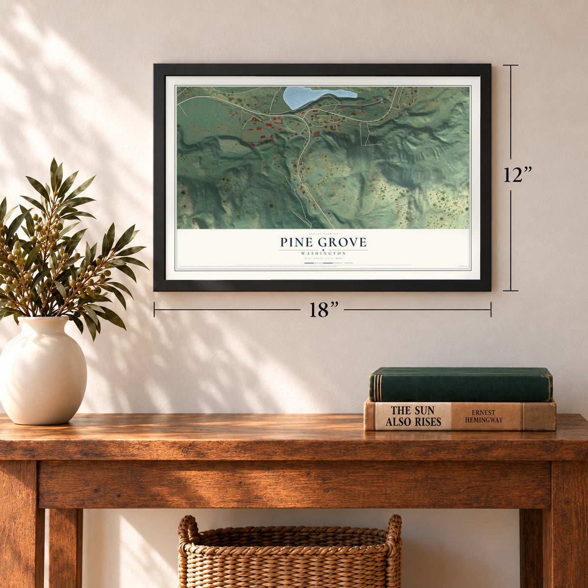 Pine Grove, Washington map, 12 x 18 inch print in a black frame in an entryway