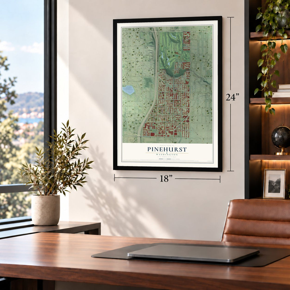 Pinehurst, Washington map, 18 x 24 inch print in a black frame in a home office