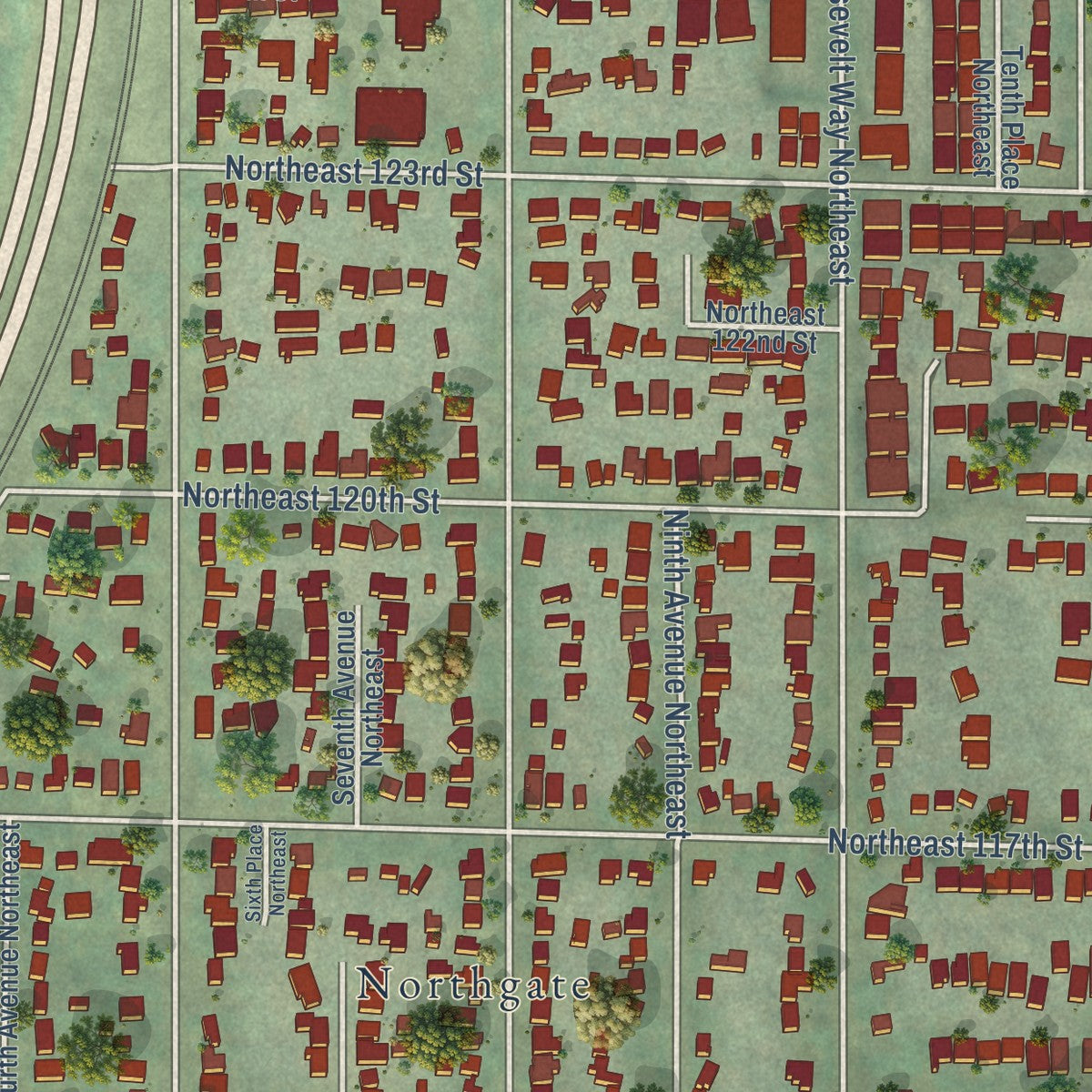 Close-up of the map of Pinehurst, Washington print showing street and building detail
